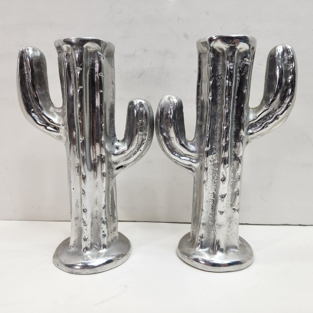 Vintage Silver Tone Cast Aluminum Saguaro Cactus Candlestick Holders Set of 2 7"
